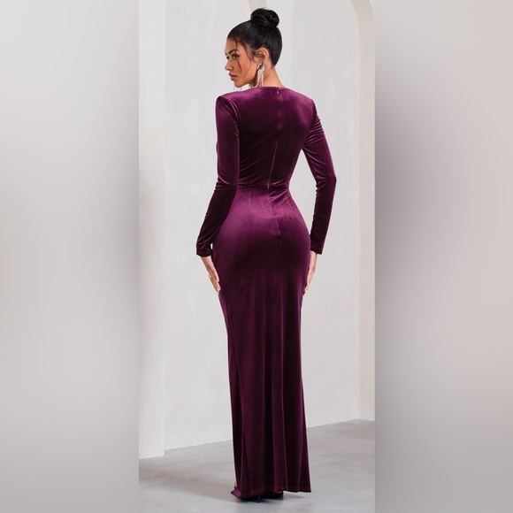 Club L London Dark Purple Velvet Long-Sleeved Split Maxi Dress, Size 8 - Picture 2 of 4